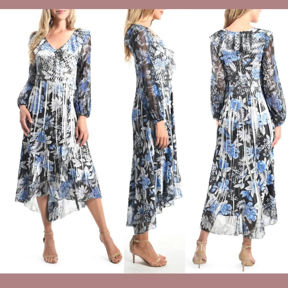 NEW $325 KOMAROV [ Medium ] Long Sleeve Chiffon Midi‎ Dress In Blue Garden #Q871